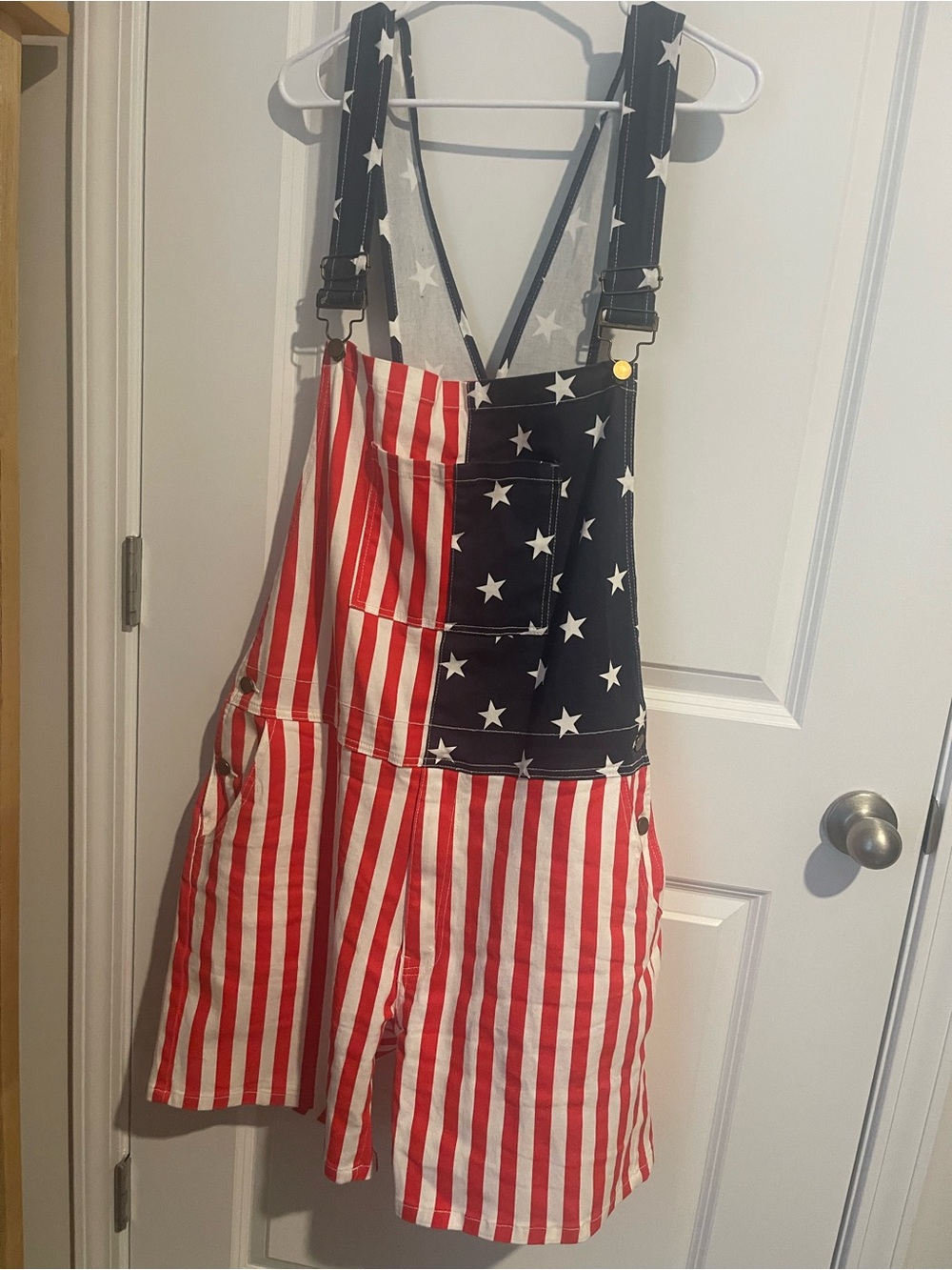 Mens XL Patriotic Stars & Stripes Overalls Bib Shorts Red, White & Blue
